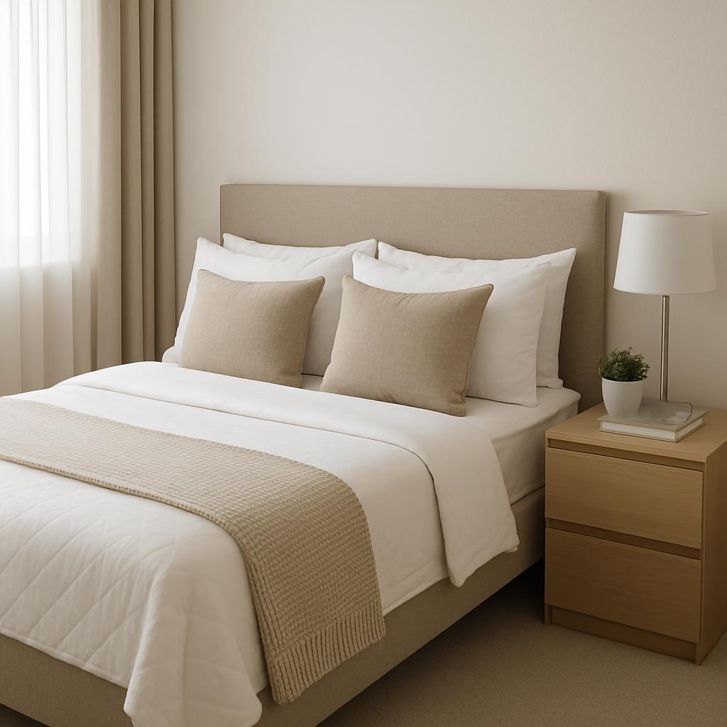 A simple and clean bedroom with a bed in the center left, featuring a light-colored headboard, white sheets and pillows, a...